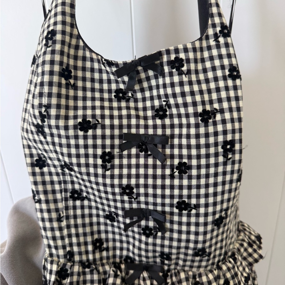 Girls Black & White Gingham Dress with Floral Appliqué and Bows